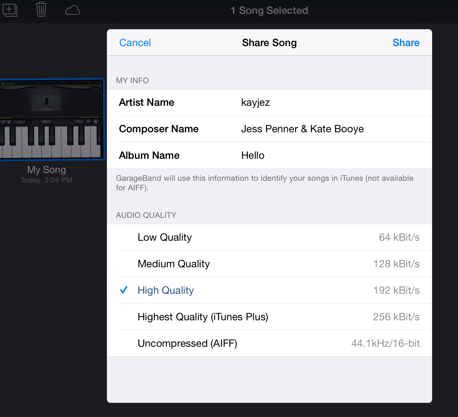 How to share garageband project to ipad